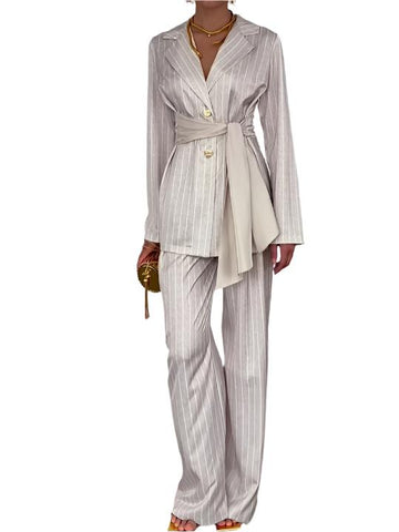 Striped Waist-tie Blazer & Pants