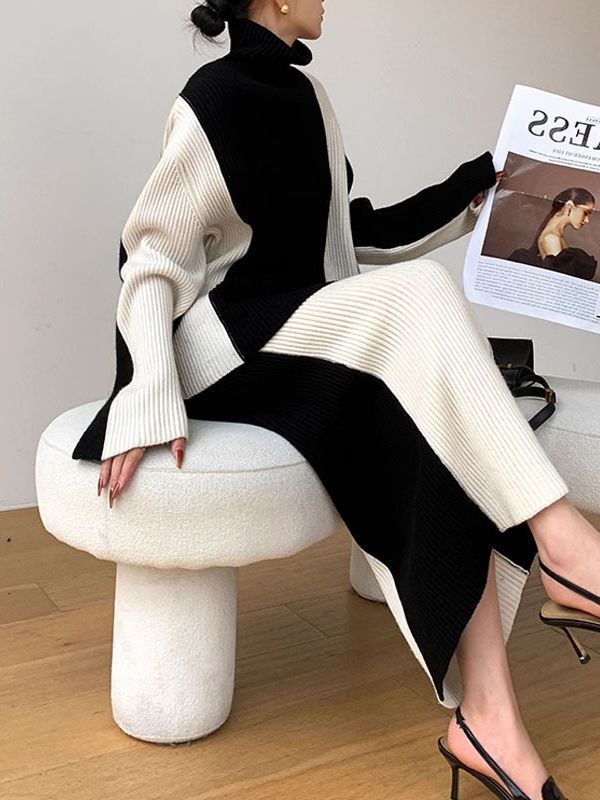 Turtleneck Knitted Top & Skirt Set