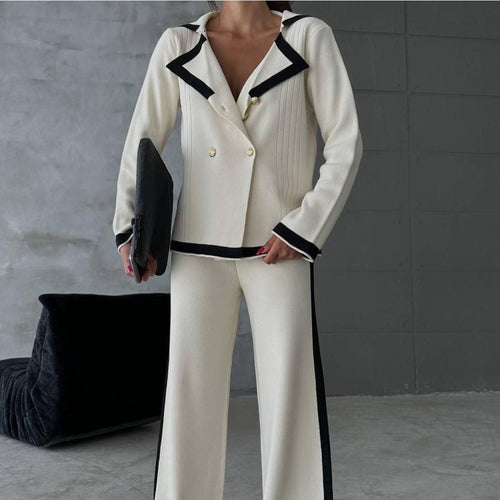 Color Contrast Knit Blazer & Pants Set