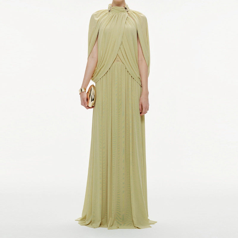 Elegant Ruffled Round-Neck Chiffon Fashionable Long Dress