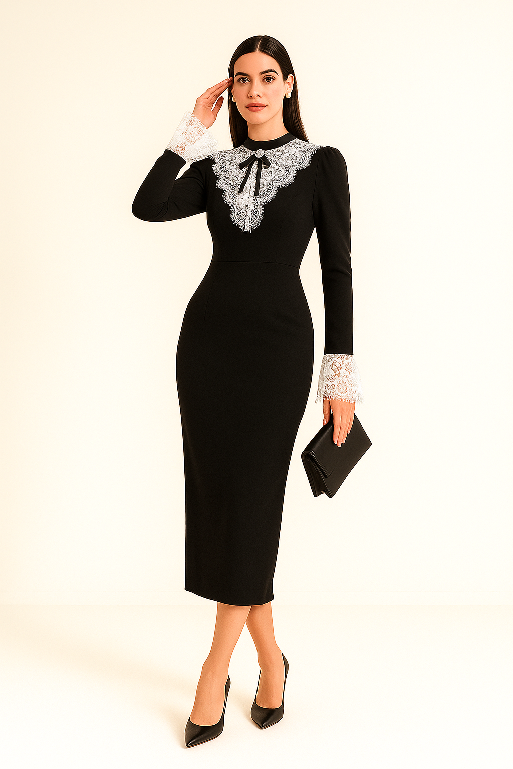 chinese dress ladies Black Swan Lace Collar Midi Dress
