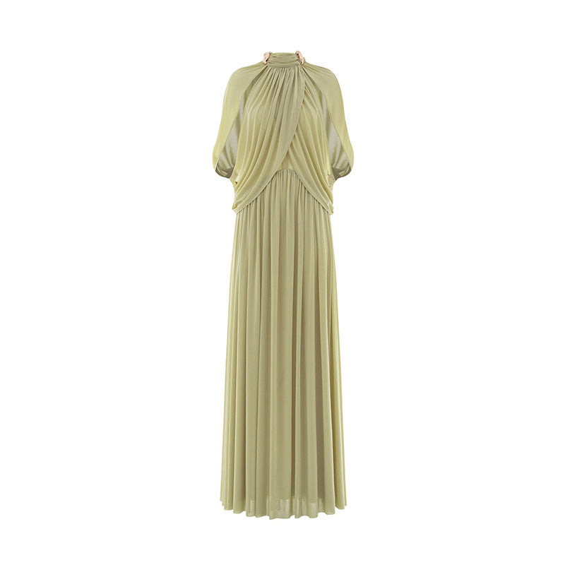 Elegant Ruffled Round-Neck Chiffon Fashionable Long Dress