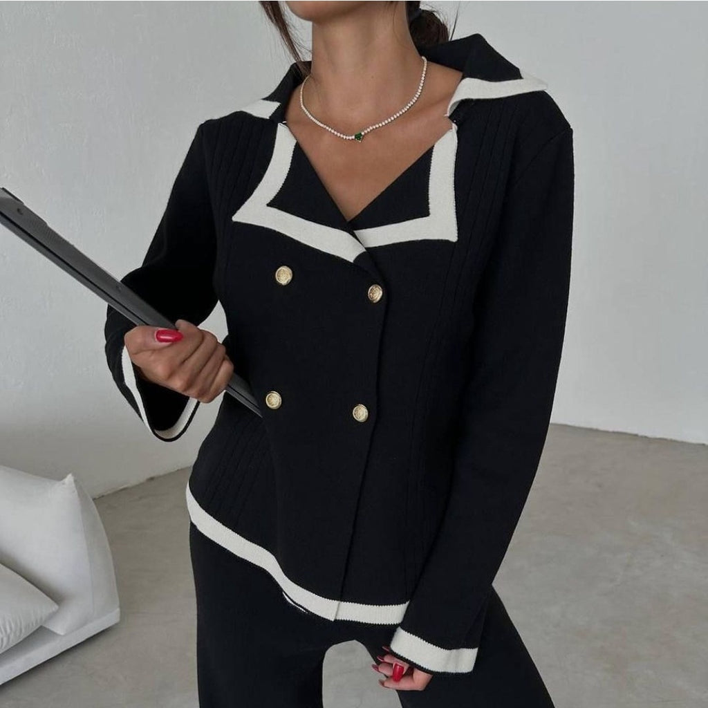 Color Contrast Knit Blazer & Pants Set