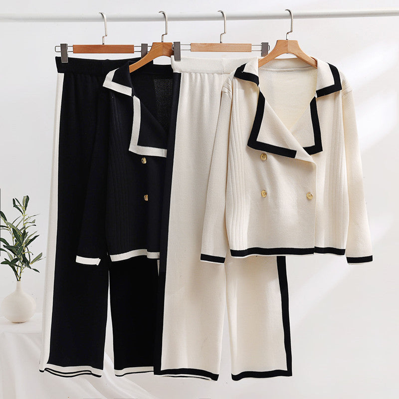 Color Contrast Knit Blazer & Pants Set